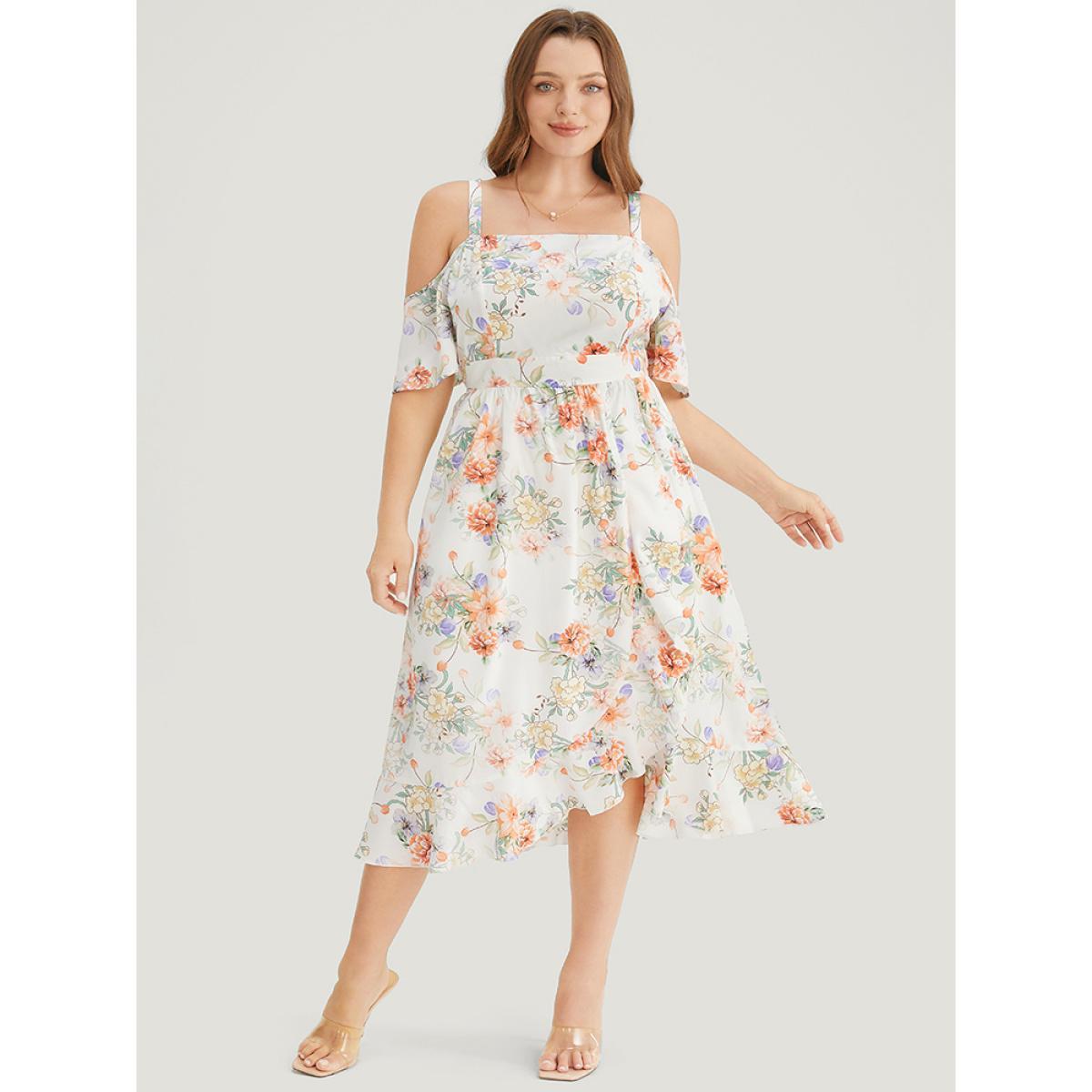 Plus Size Floral Print Cold Shoulder Pocket Split Ruffle Trim Dress WhiteSmoke Women Elegant Adjustable Straps Cold Shoulder Short sleeve Curvy Midi Dress BloomChic 30/6X Product Image