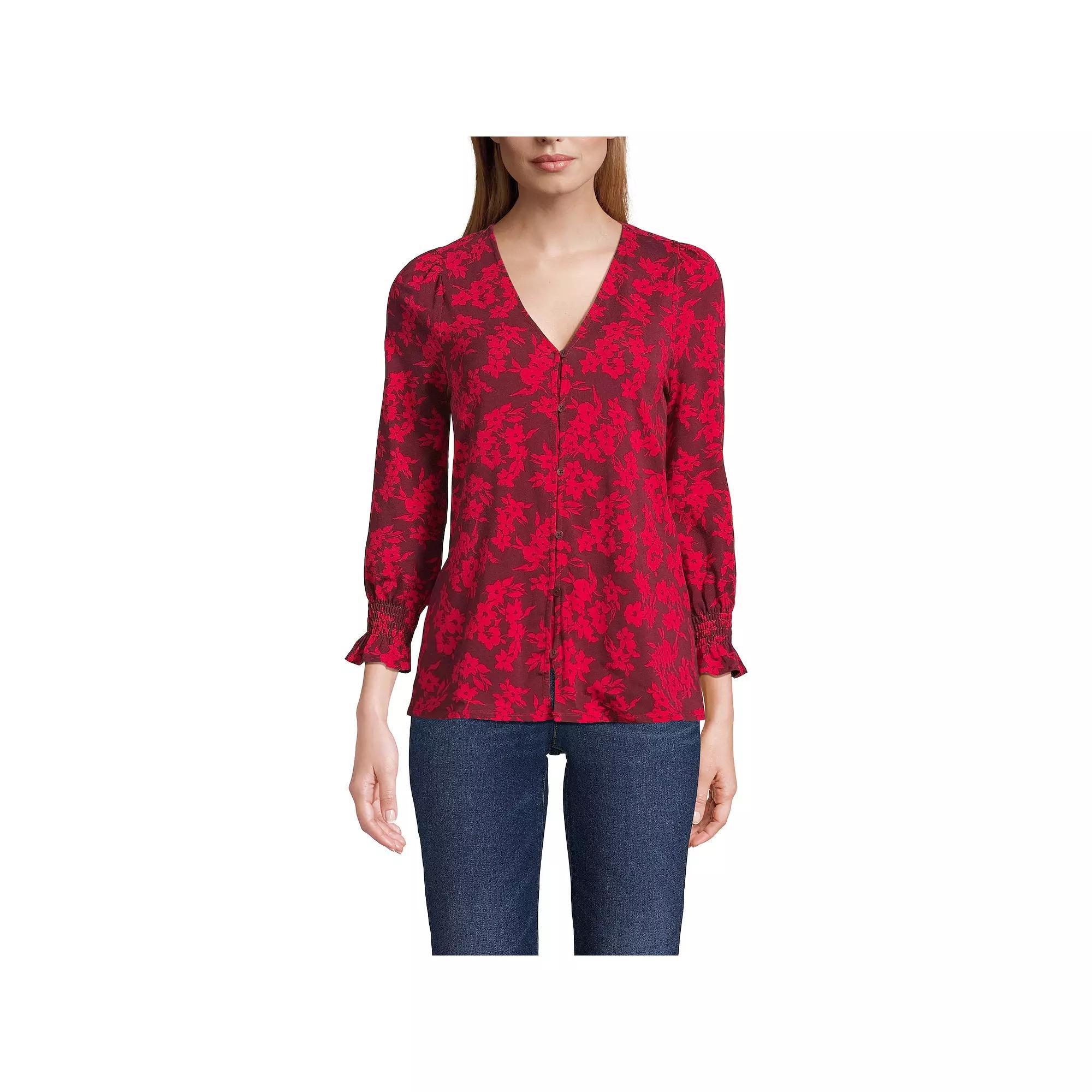 Petite Lands' End 3/4 Sleeve Lightweight Jersey Button Front Top, Women's, Size: Small Petite, Deep Green Product Image