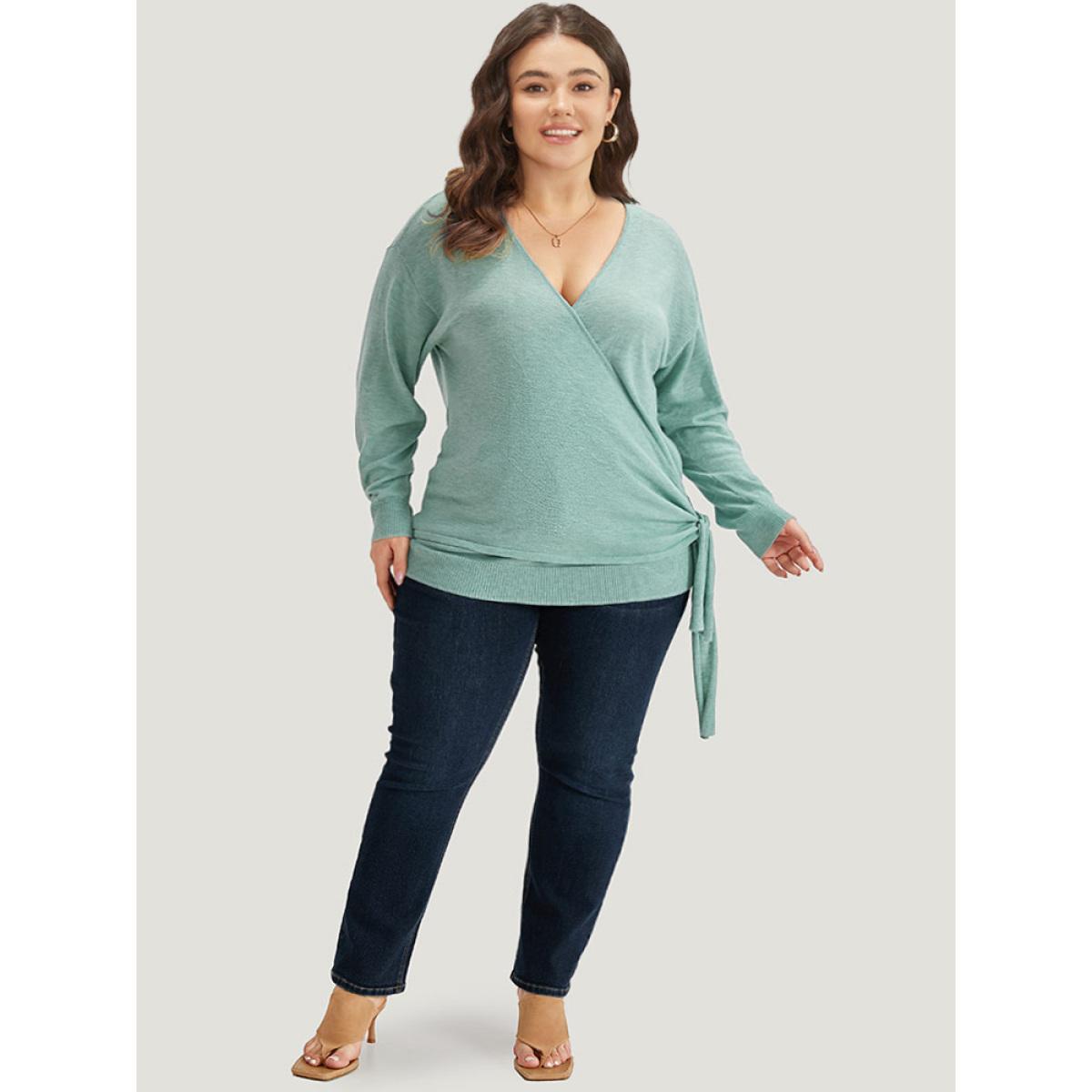 Plus Size Supersoft Essentials Plain Crossover Ties Elastic Cuffs Pullover Mint Women Casual Loose Long Sleeve V-neck Dailywear Pullovers BloomChic 22-24/3X Product Image