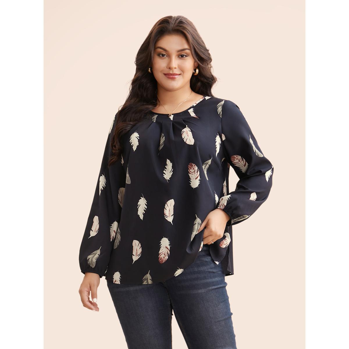 Plus Size Indigo Feather Print Pleated Slit Hem Blouse Women Elegant Extra Long Sleeve Round Neck Everyday Blouses BloomChic 14-16/1X Product Image