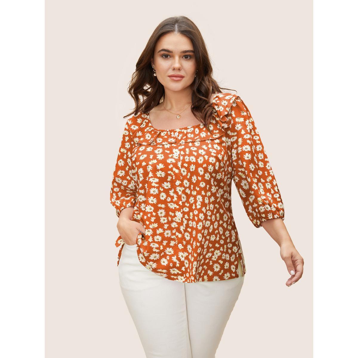 Plus Size Brightorange Daisy Patterned Ruffled Collar Blouse Women Elegant Elbow-length sleeve Square Neck Everyday Blouses BloomChic 28/5X Product Image