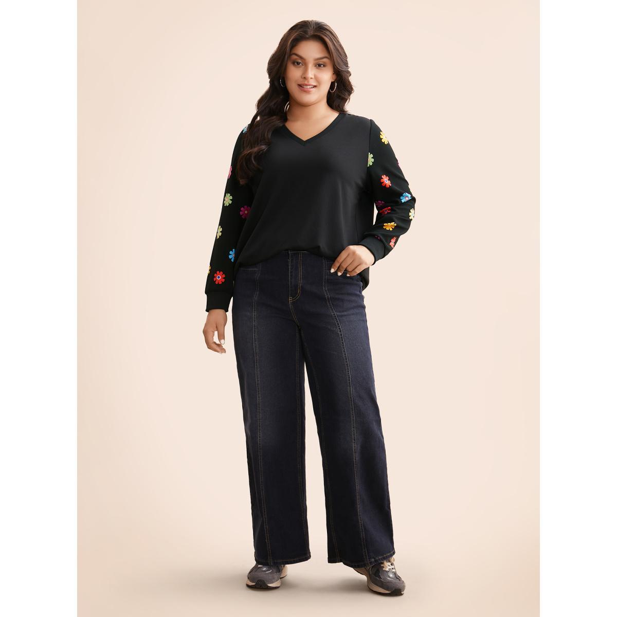 Plus Size V Neck Floral Slightly Stretchy Sweatshirt Women Black Elegant Contrast Non Everyday Sweatshirts BloomChic 18-20/2X Product Image
