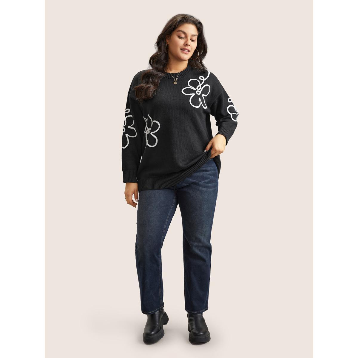 Plus Size Supersoft Essentials Floral Embroidered Crew Neck Pullover Black Women Casual Loose Long Sleeve Round Neck Everyday Pullovers BloomChic 28/5X Product Image