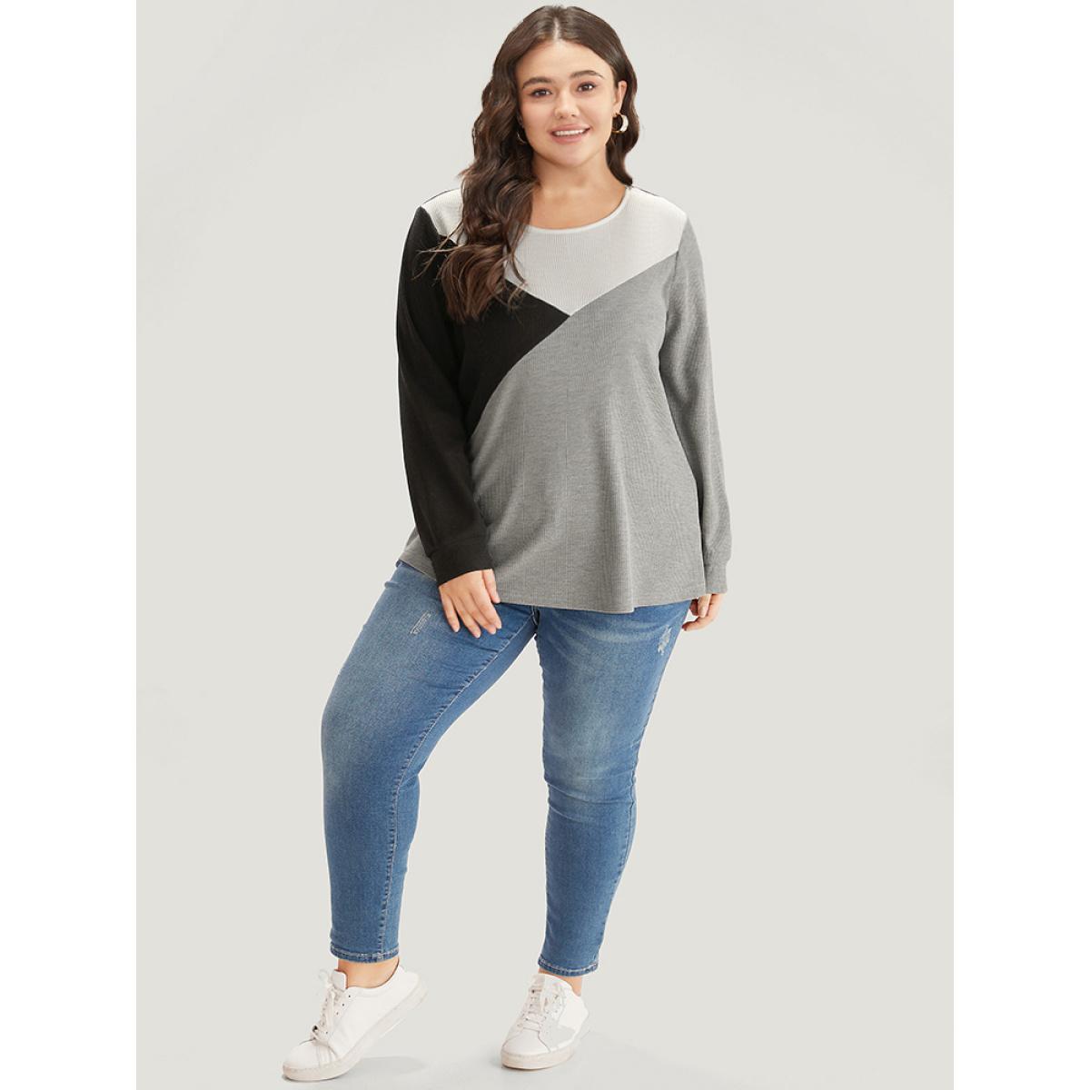 Plus Size Colorblock Contrast Crew Neck Long Sleeve T-shirt Multicolor Women Casual Elastic cuffs Plain Round Neck Dailywear T-shirts BloomChic 14-16/1X Product Image