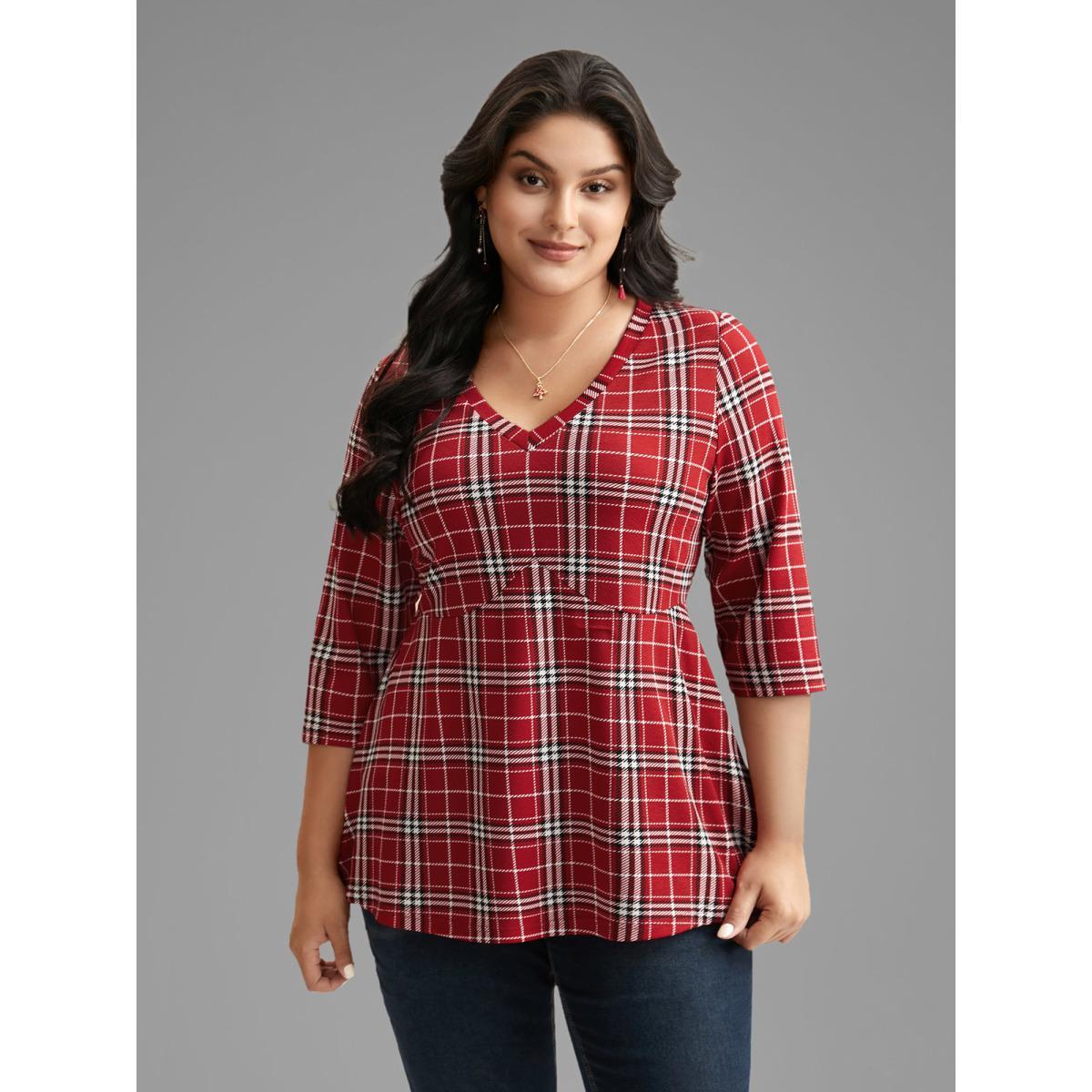 Plus Size Plaid Quarter-Sleeve Elastic Waist Tee Brightred Women Elegant Non V-neck Bodycon Everyday T-shirts BloomChic 18-20/2X Product Image