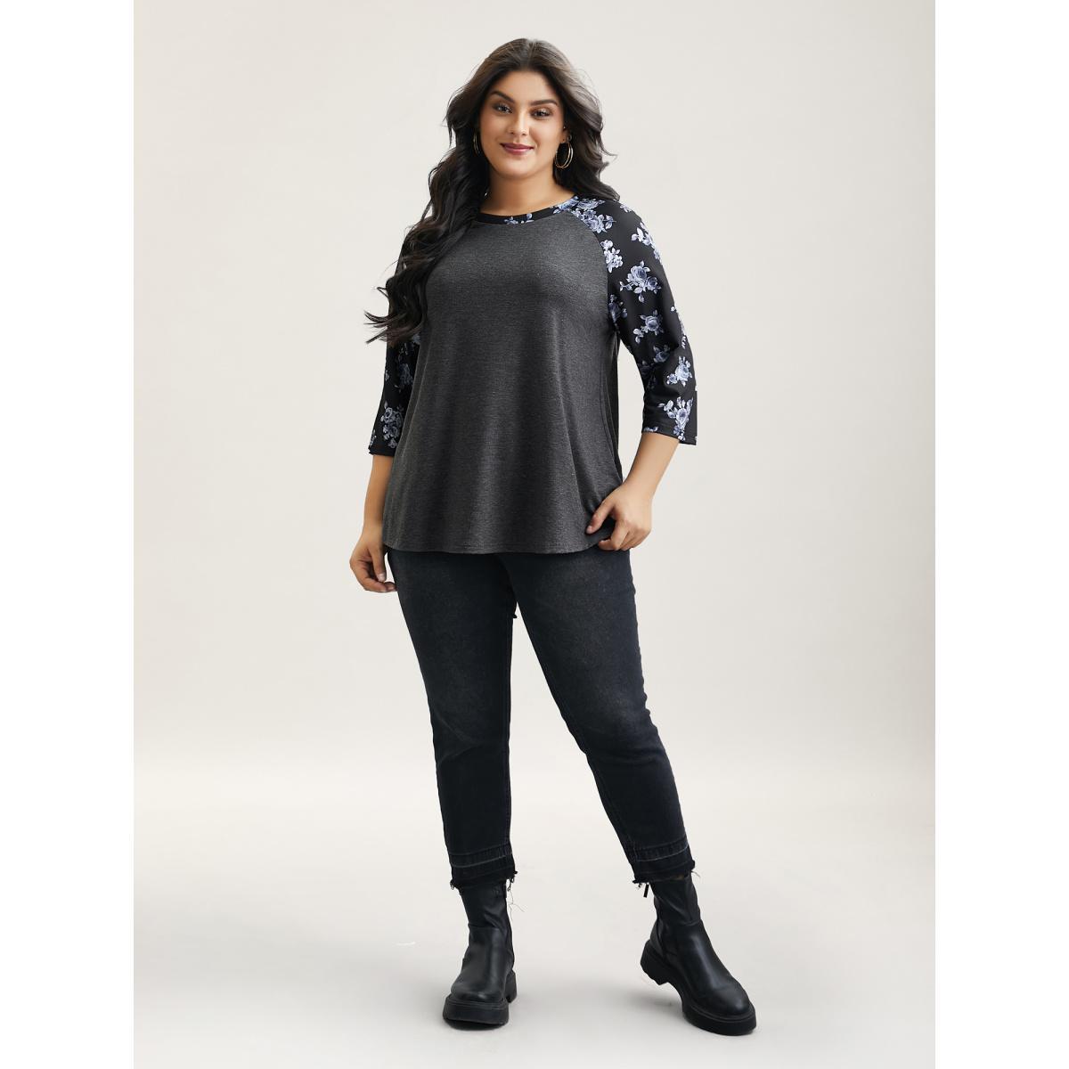 Plus Size Floral Sleeve Round Neck Flared T-Shirt DimGray Women Casual Contrast Natural Flowers Round Neck Everyday T-shirts BloomChic 22-24/3X Product Image