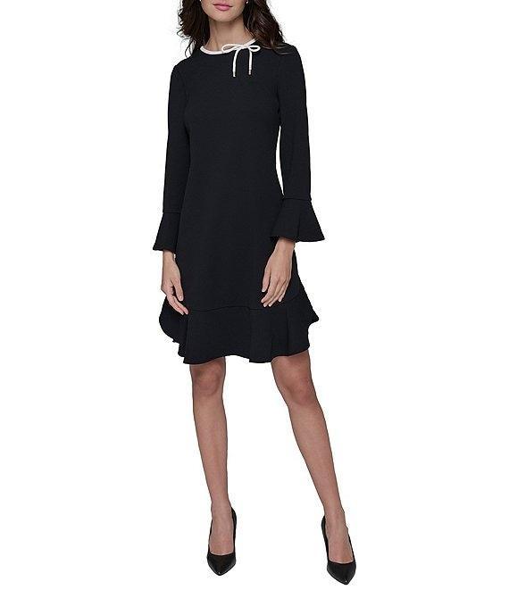 KARL LAGERFELD PARIS Scuba Crepe Round Neck 3/4 Bell Sleeve Flounce Hem Sheath Dress Product Image