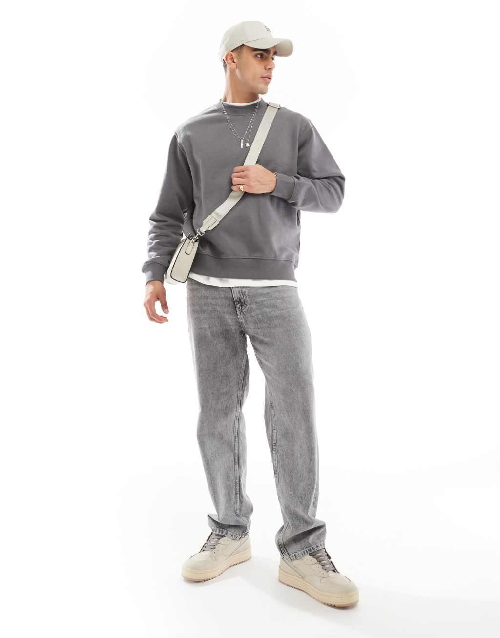 Jack & Jones oversized 400gsm heavyweight crew neck sweater in dark gray Product Image