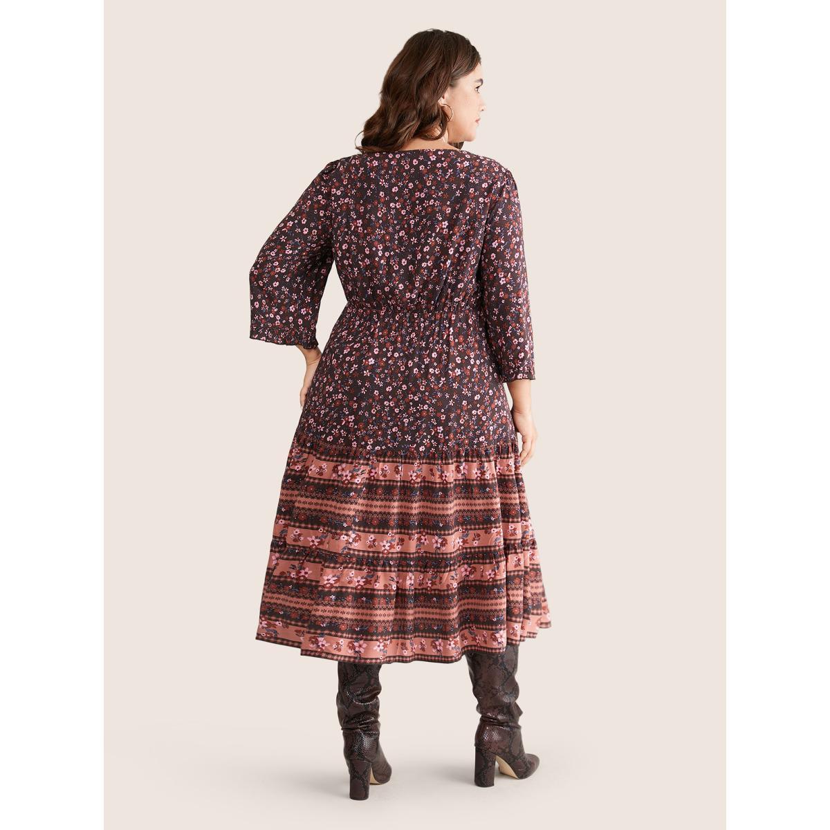 Plus Size Ditsy Floral Patchwork Square Neck Frill Trim Dress Russet Women Vacation Elastic cuffs Square Neck Elbow-length sleeve Curvy Midi Dress BloomChic 12/L Product Image