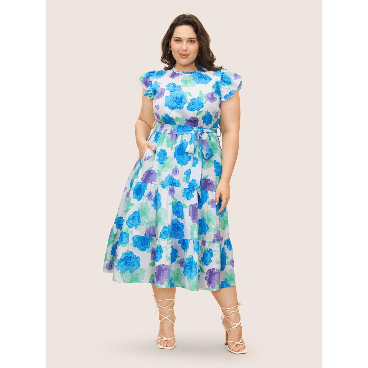 Plus Size Floral Gathered Ruffle Cap Sleeve Belted Dress White Women Elegant Belted Round Neck Cap Sleeve Curvy BloomChic 28/5X Product Image