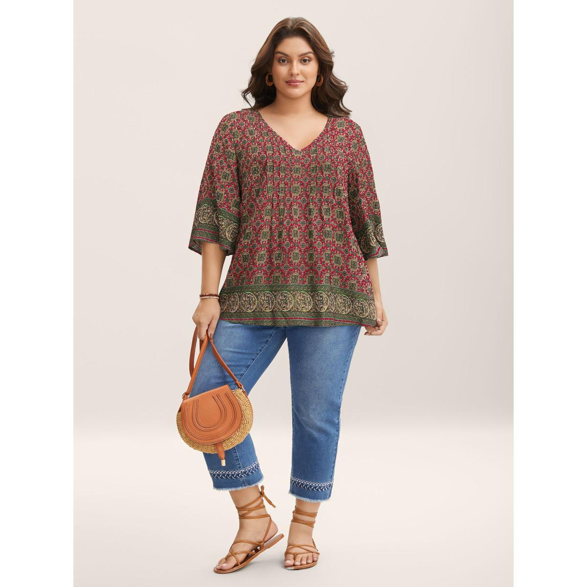 Plus Size Scarlet Pin-Tuck Pleat Ornate Print Relaxed Fit Shirt Women Resort Elbow-length sleeve V-neck Vacation Blouses BloomChic 22-24/3X Product Image