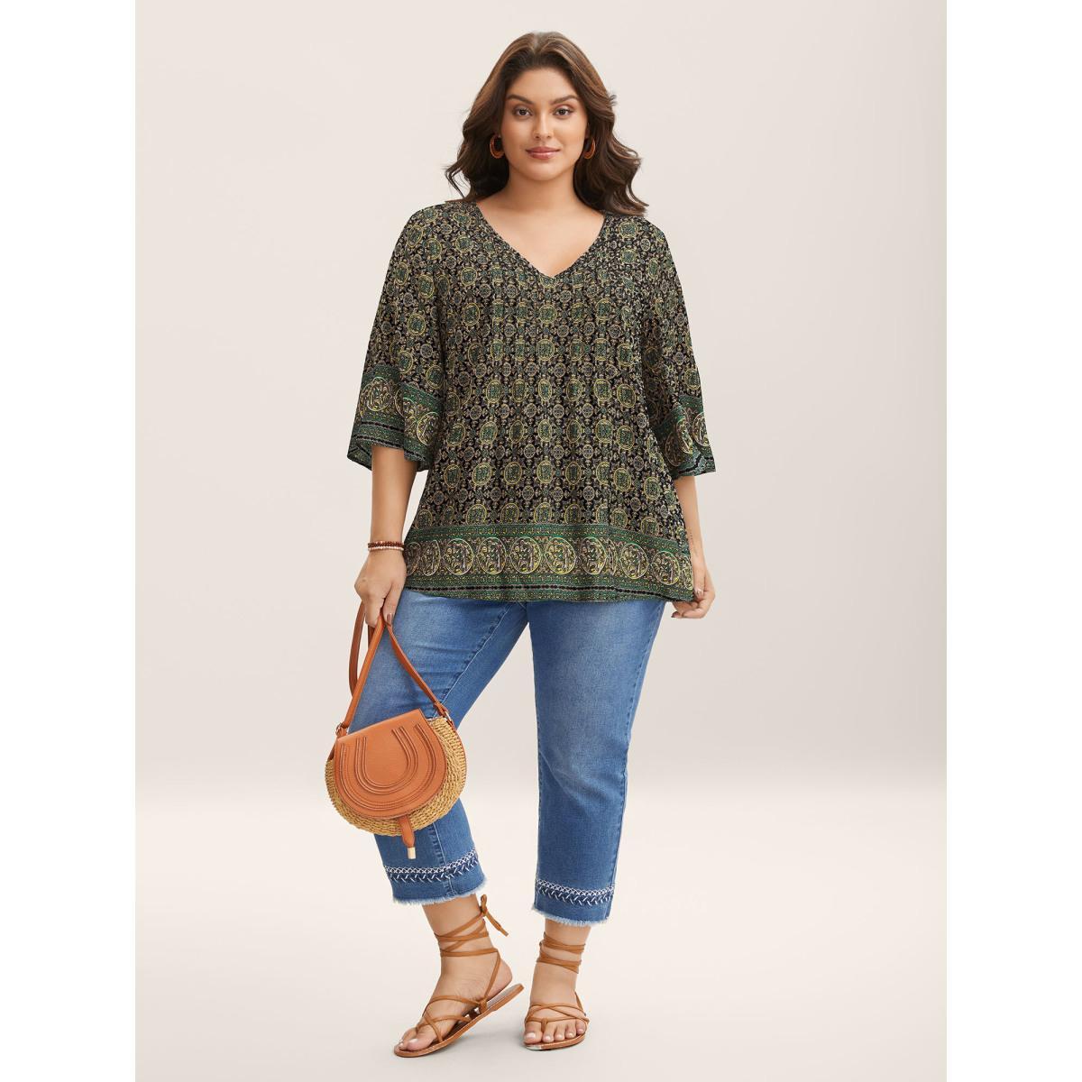 Plus Size Black Pin-Tuck Pleat Ornate Print Relaxed Fit Shirt Women Resort Elbow-length sleeve V-neck Vacation Blouses BloomChic 12/L Product Image