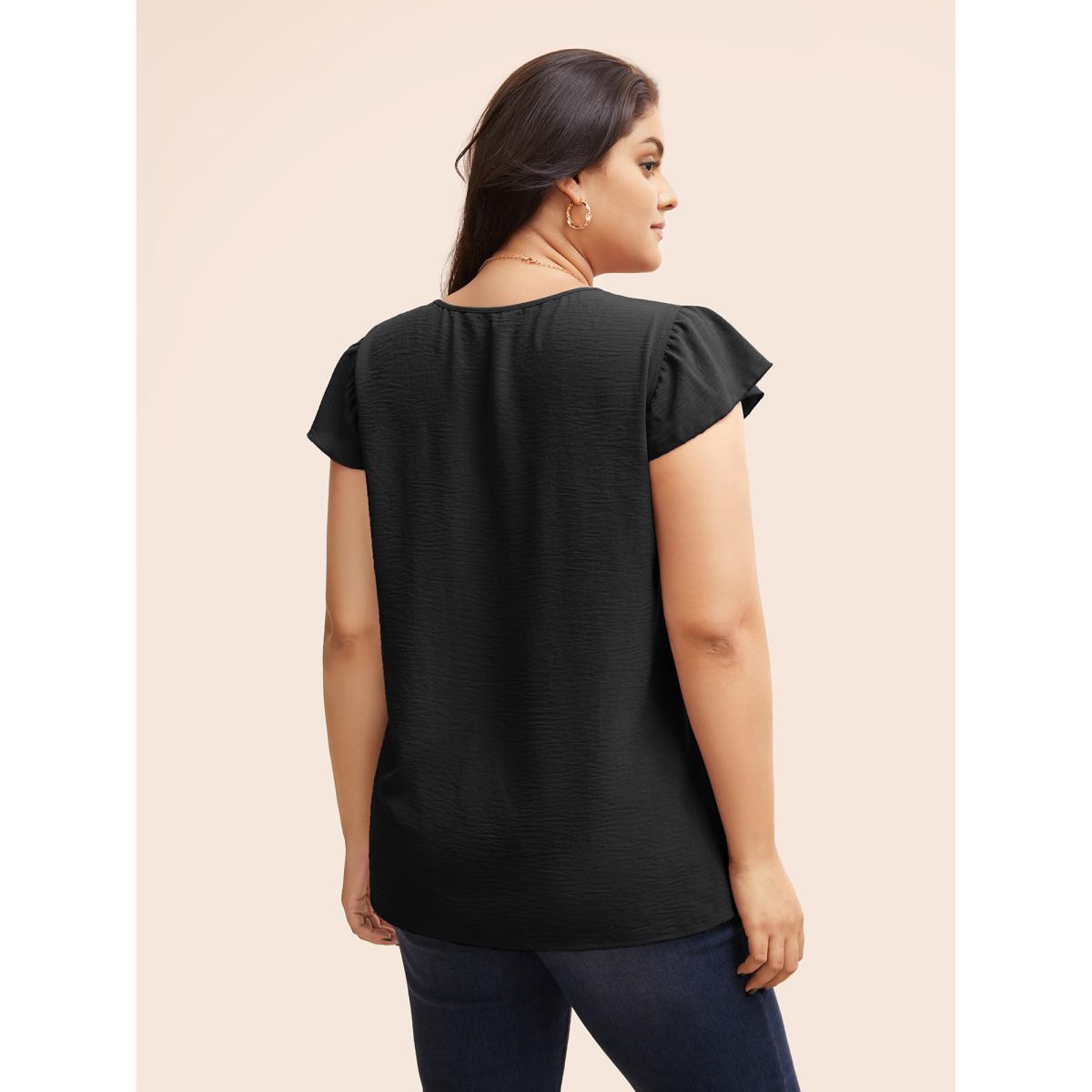 Plus Size Black Solid Gathered Flutter Trim Blouse Women Elegant Cap Sleeve Round Neck Dailywear Blouses BloomChic 12/L Product Image