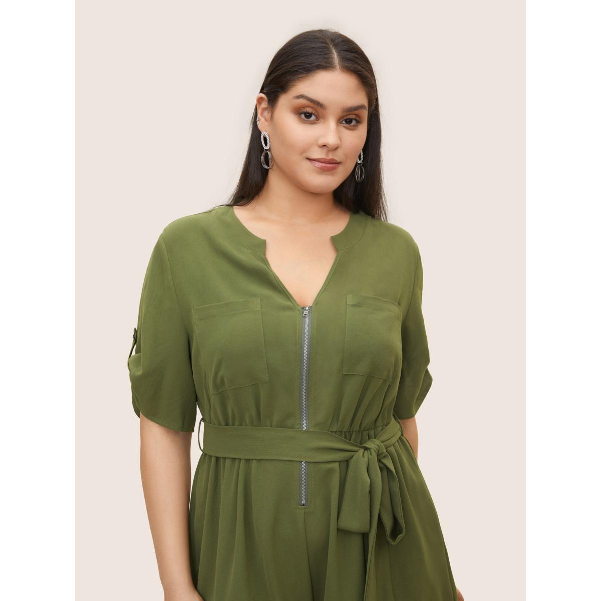 Plus Size Moss Solid Half Zip Belted Tab Sleeve Jumpsuit Women At the Office Half Sleeve Flat collar with V-notch Work Loose Jumpsuits BloomChic 18-20/2X Product Image
