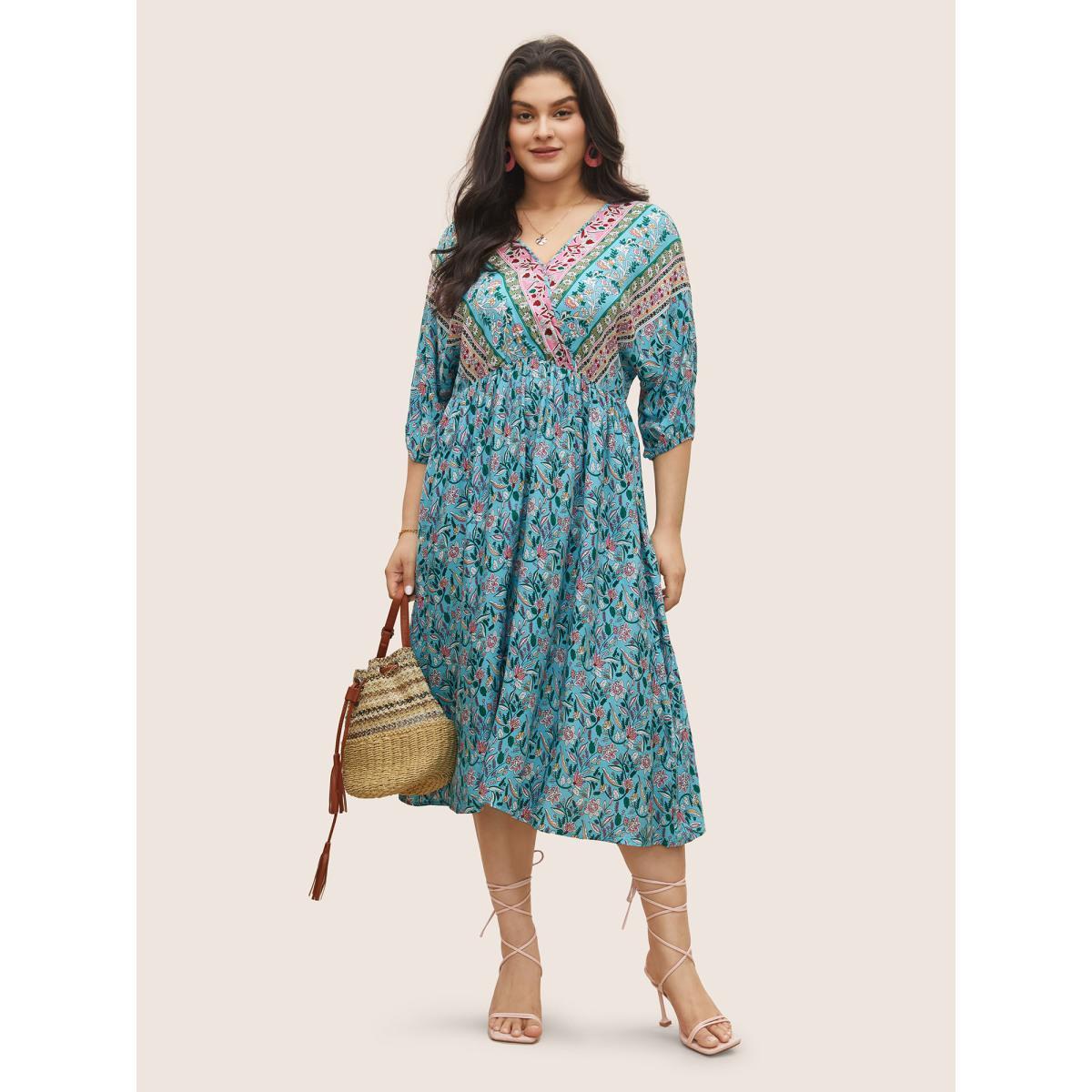 Plus Size Boho Print Wrap Elastic Waist Lantern Sleeve Dress Turquoise Women Resort Overlapping Overlap Collar Elbow-length sleeve Curvy Midi Dress BloomChic 12/L Product Image