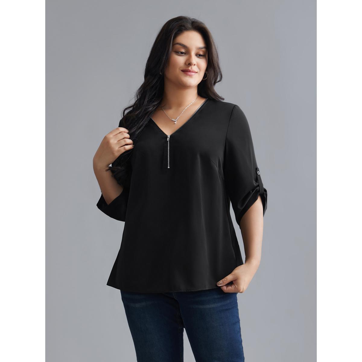 Plus Size Black Plain V Neck Half Zip Tab Sleeve Blouse Women Elegant Elbow-length sleeve V-neck Everyday Blouses BloomChic 30/6X Product Image