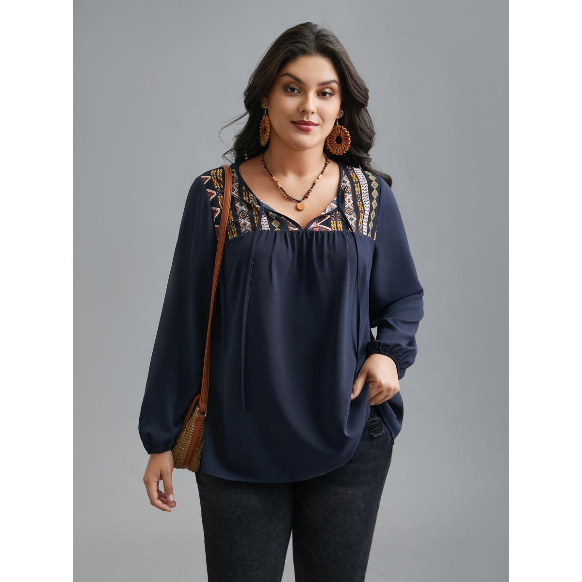 Plus Size Indigo Bandana Print Patchwork Ties Blouse Women Resort Long Sleeve Non Vacation Blouses BloomChic 28/5X Product Image