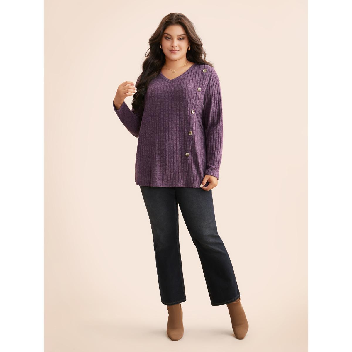 Plus Size V Neck Button Detail Rib Knit T-shirt Mauve Women Elegant Texture V-neck Everyday T-shirts BloomChic 12/L Product Image