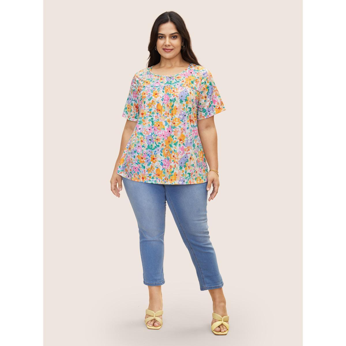 Plus Size Crew Neck Colored Floral Gathered T-shirt Multicolor Women Elegant Contrast Natural Flowers Round Neck Everyday T-shirts BloomChic 14-16/1X Product Image