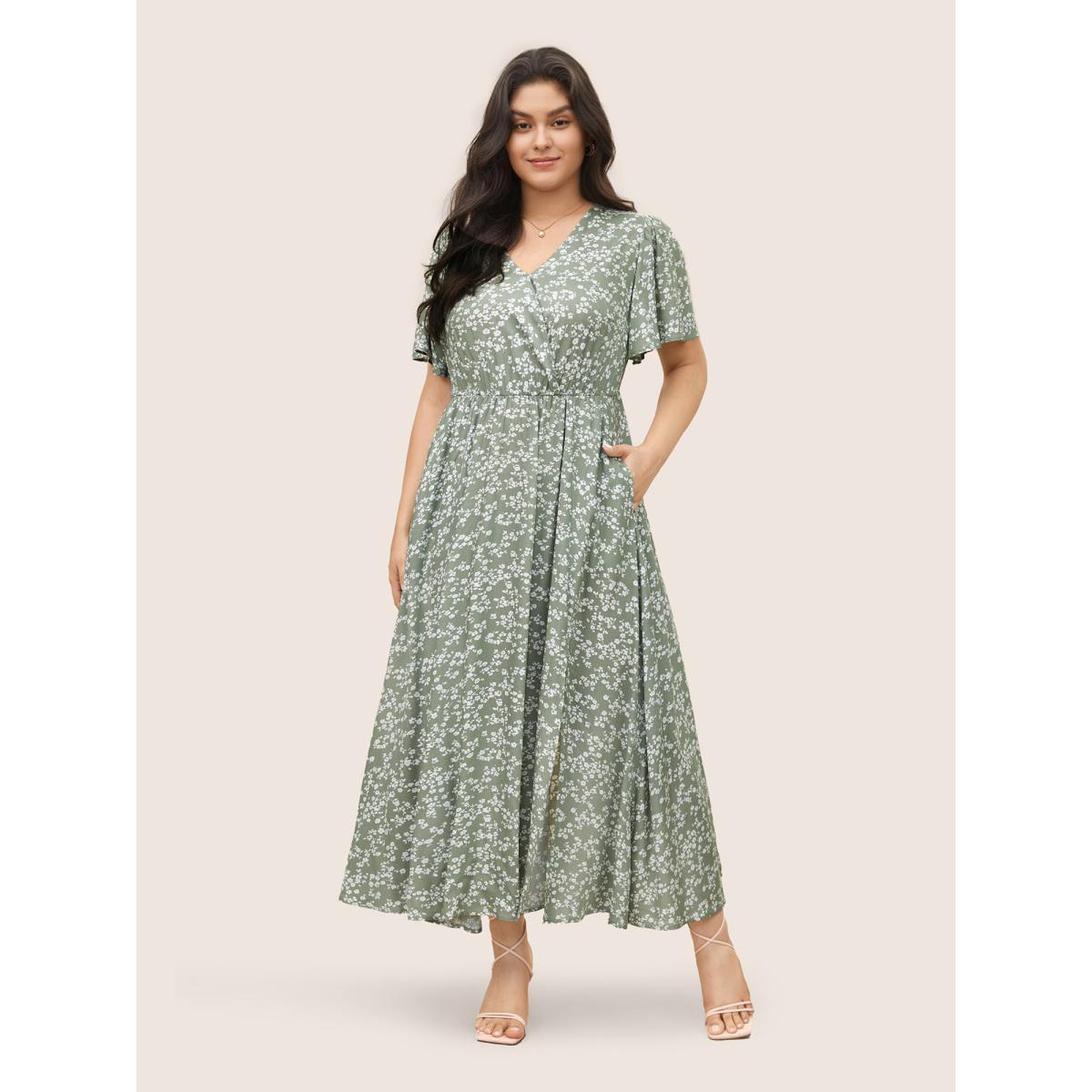 Ditsy Floral Printed Vintage Plus Size Women Vacation Long Dress Ruffle Sleeve Half Sleeve V Neck Pocket Elegance Dresses BloomChic Product Image