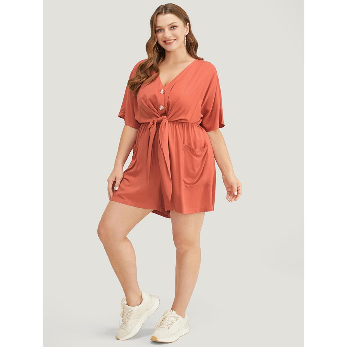 Plus Size Coral Solid Pocket Button Up Belted Knotted Front Romper Women Casual Short sleeve V-neck Dailywear Loose Jumpsuits BloomChic 26/4X Product Image