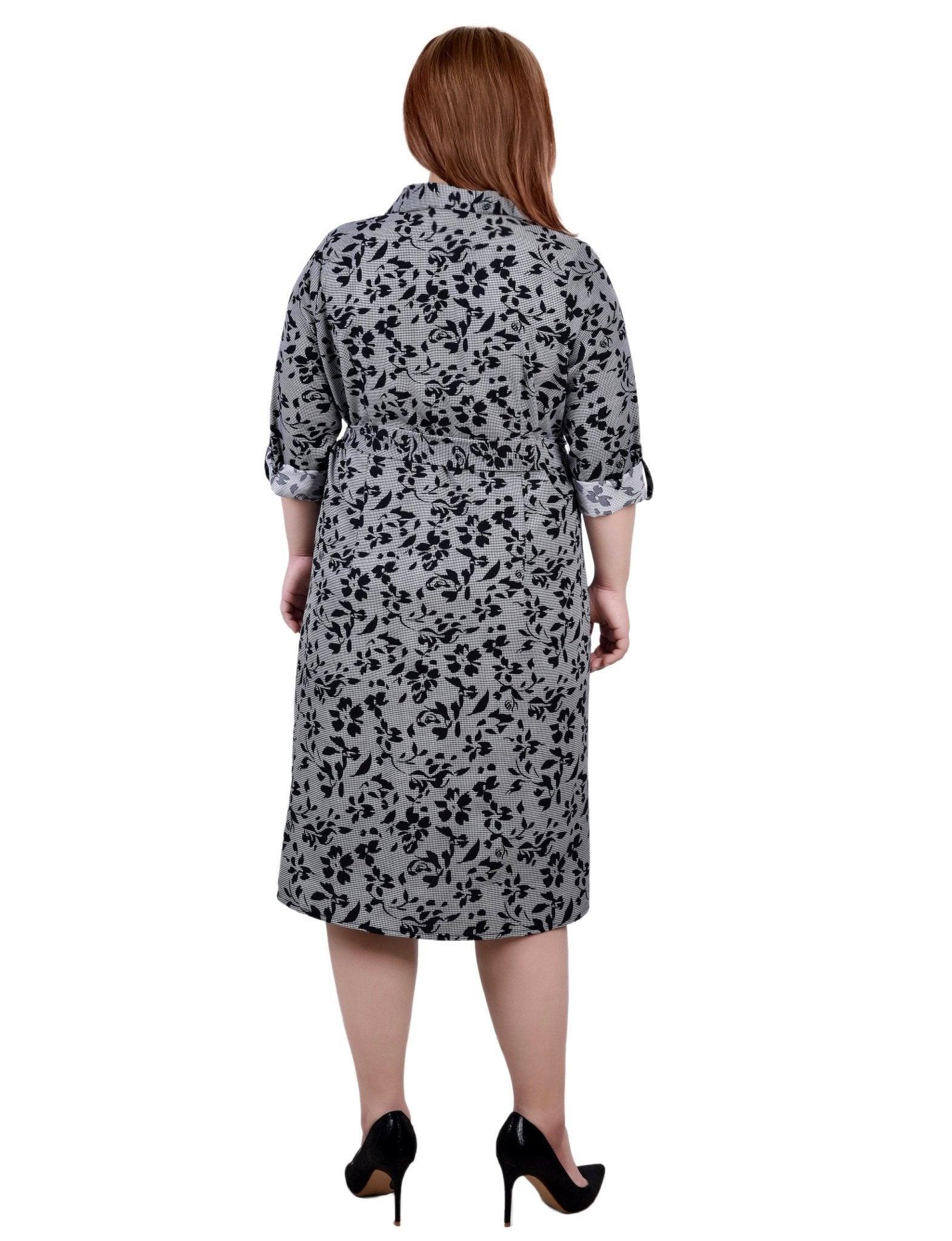 Black Houndstooth Floral 3/4 Roll Tab Sleeve Belted Shirtdress - Plus Product Image