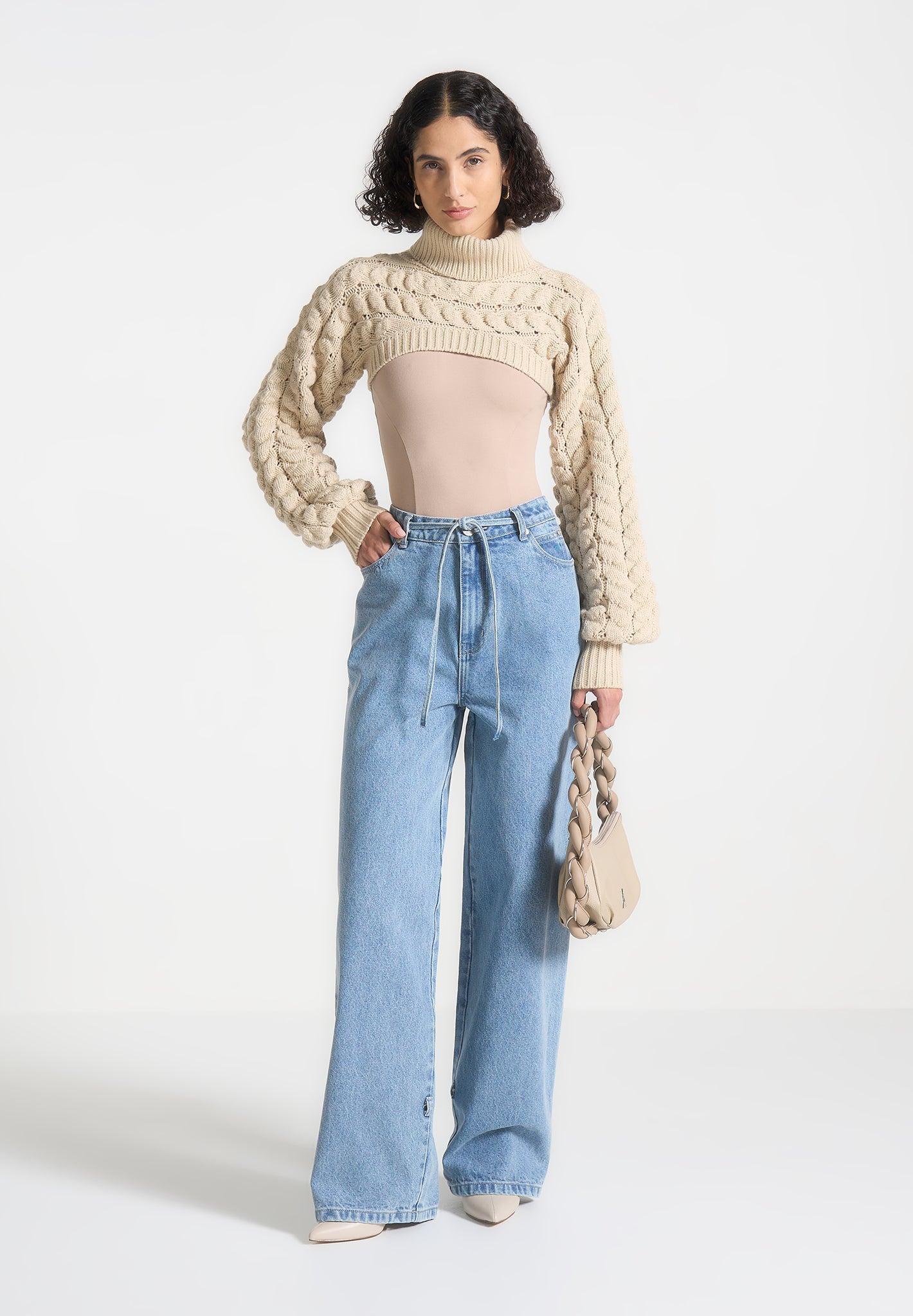 Turtleneck Cable Knit Arm Warmers - Beige Female Product Image