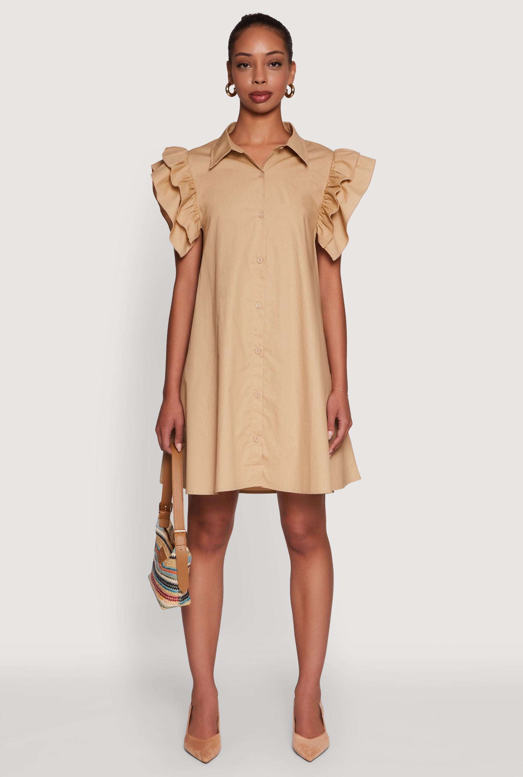 Womens Poplin Button Front Flutter Sleeve Dress Product Image