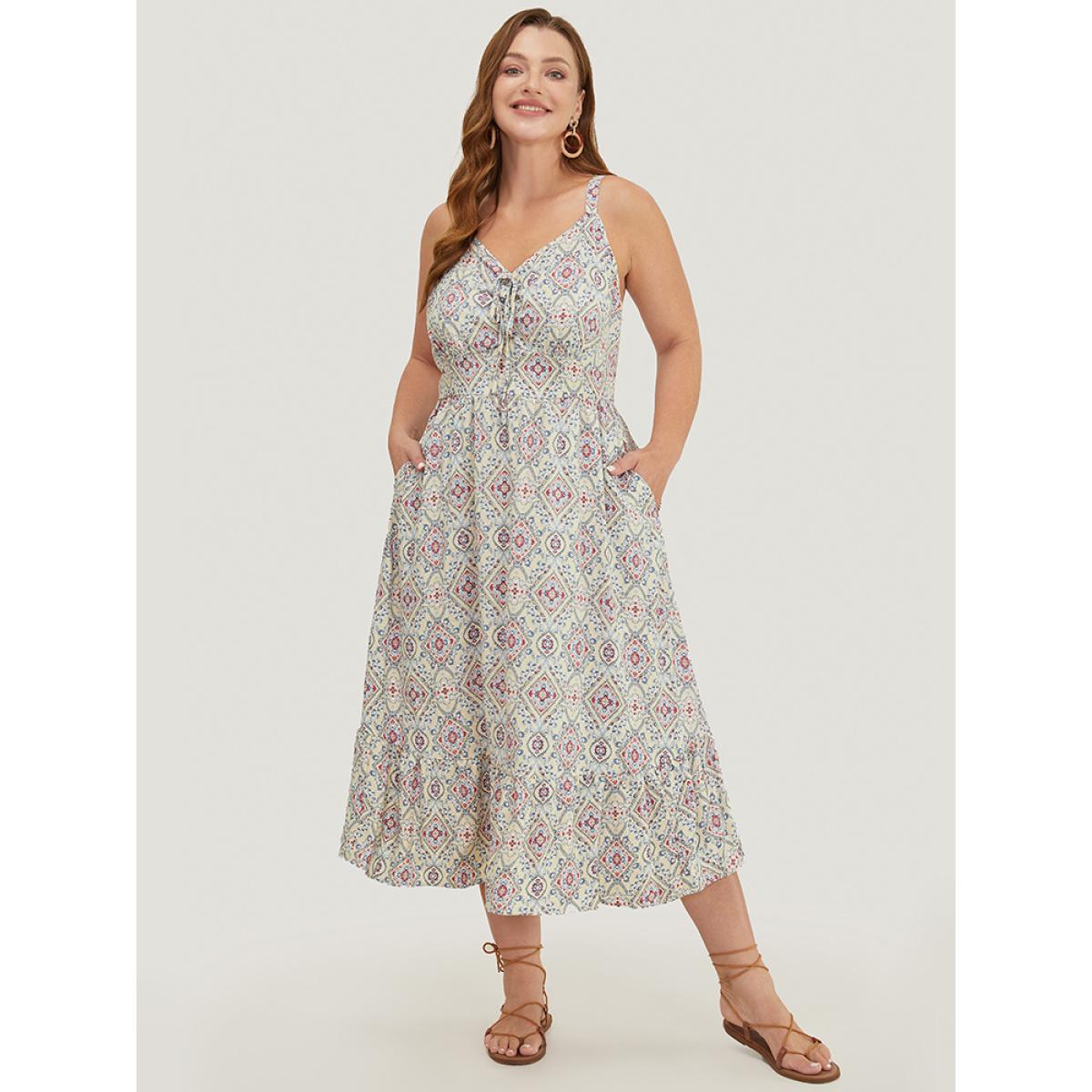 Plus Size Bandana Knotted Pocket Ruffle Hem Empire Waist Cami Dress Apricot Women Vacation Adjustable Straps V-neck Sleeveless Curvy Midi Dress BloomChic 28/5X Product Image