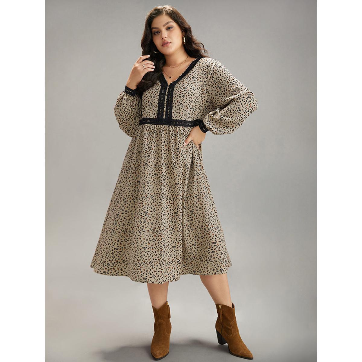 Plus Size Leopard Pocket Guipure Lace Lantern Sleeve Dress Stone Women Vacation Elastic cuffs V-neck Long Sleeve Curvy Midi Dress BloomChic 18-20/2X Product Image