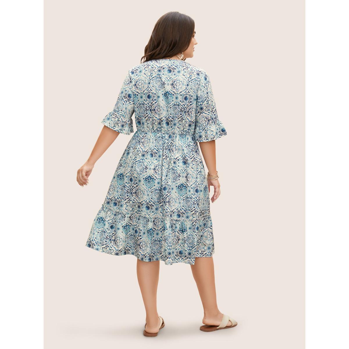 Plus Size Boho Print Tassels Trim Flutter Sleeve Dress DarkBlue Women Resort Wraparound straps V-neck Half Sleeve Curvy BloomChic 18-20/2X Product Image