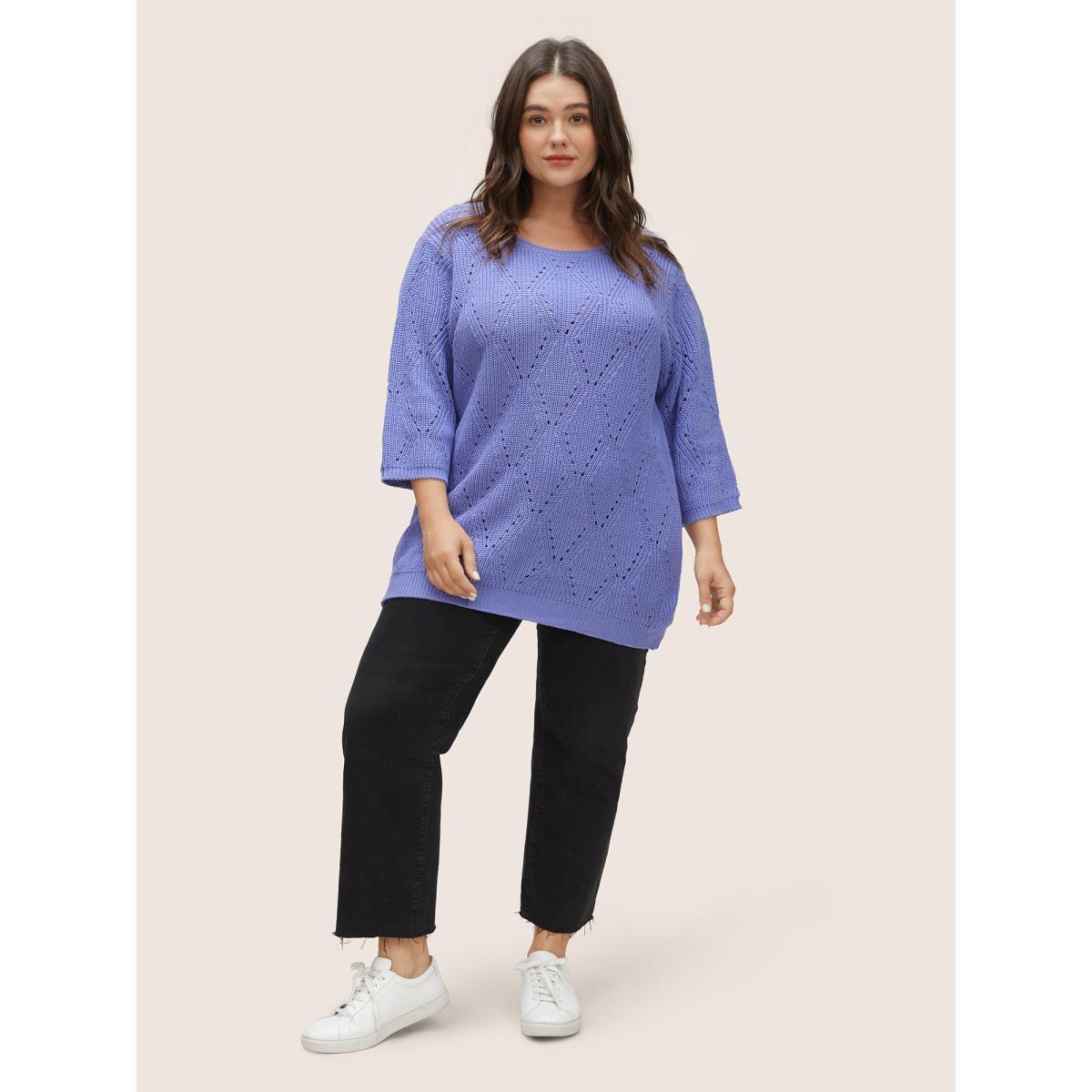Plus Size Cotton Blended Geometric Hollow Out Pullover BlueViolet Women Casual Elbow-length sleeve Round Neck Everyday Pullovers BloomChic 12/L Product Image