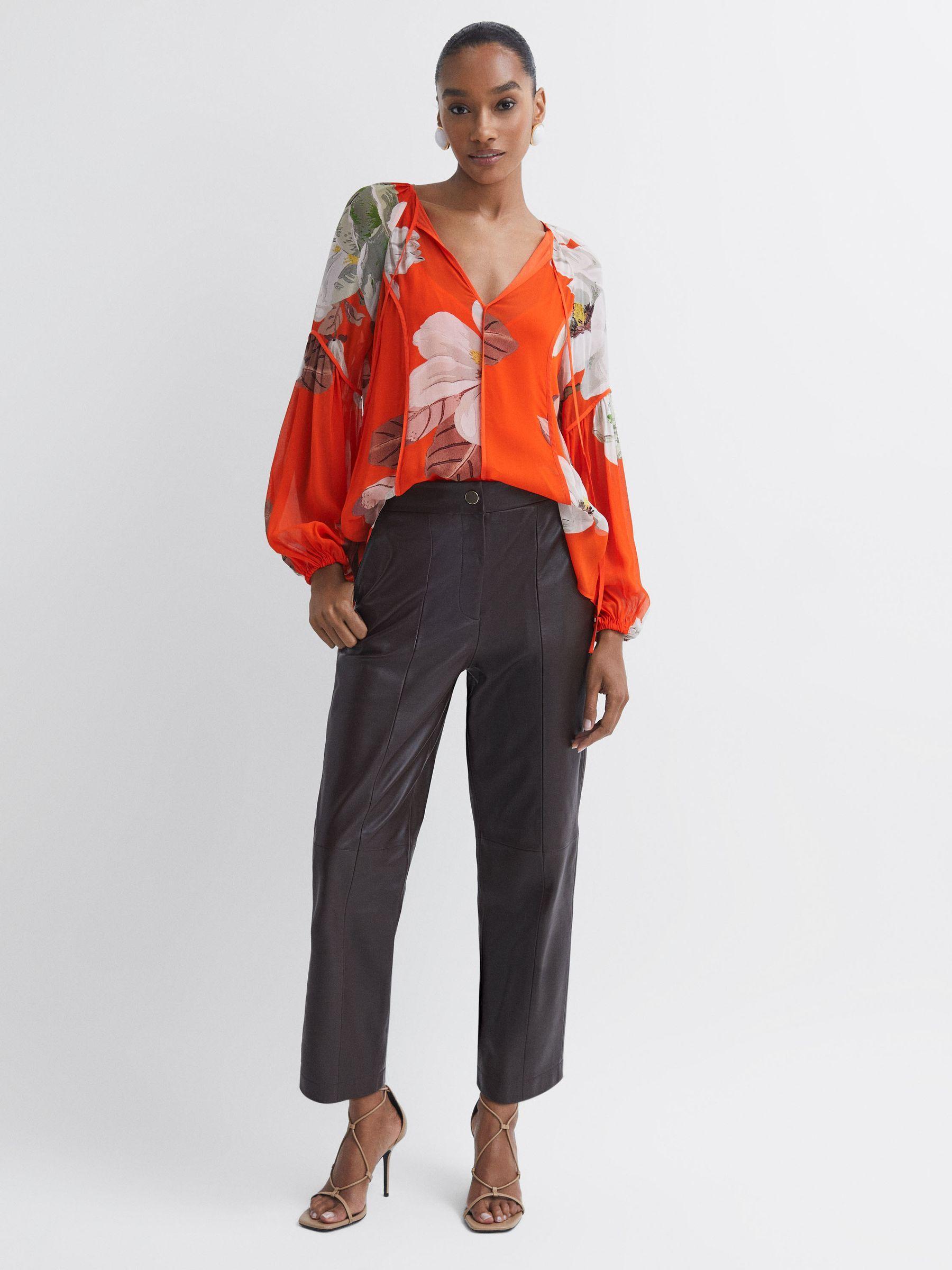 Florere Sheer Floral Tie Neck Blouse in Orange Product Image