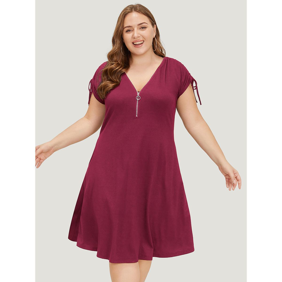 Plus Size Solid Drawstring Sleeve Pocket Ruffle Zip Up Dress Scarlet Women Casual Zipper V-neck Half Sleeve Curvy Knee Dress BloomChic 22-24/3X Product Image