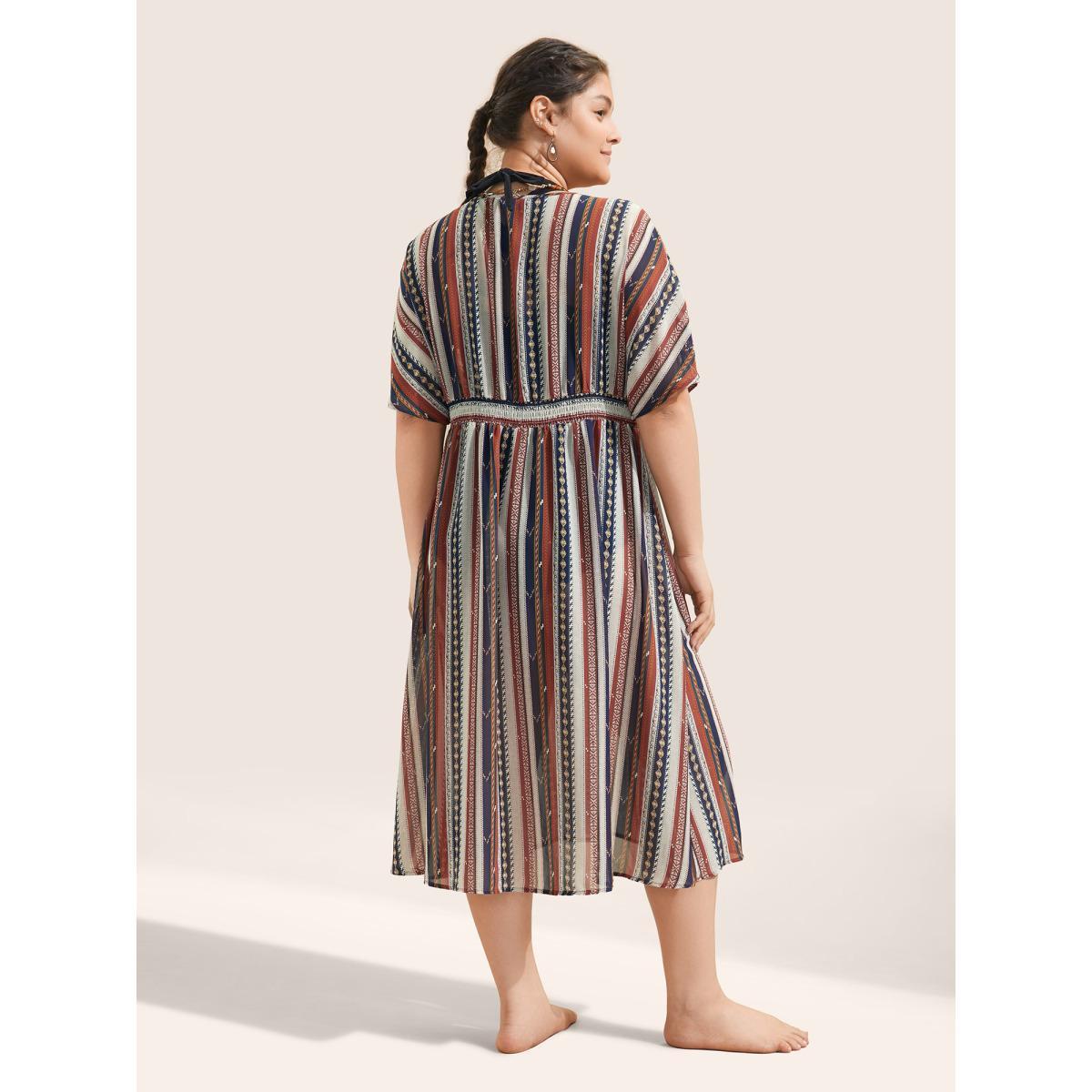 Plus Size Bandana Striped Ties Shirred Elastic Waist Kimono Women DarkBlue Resort Non Vacation Kimonos BloomChic 12/L Product Image