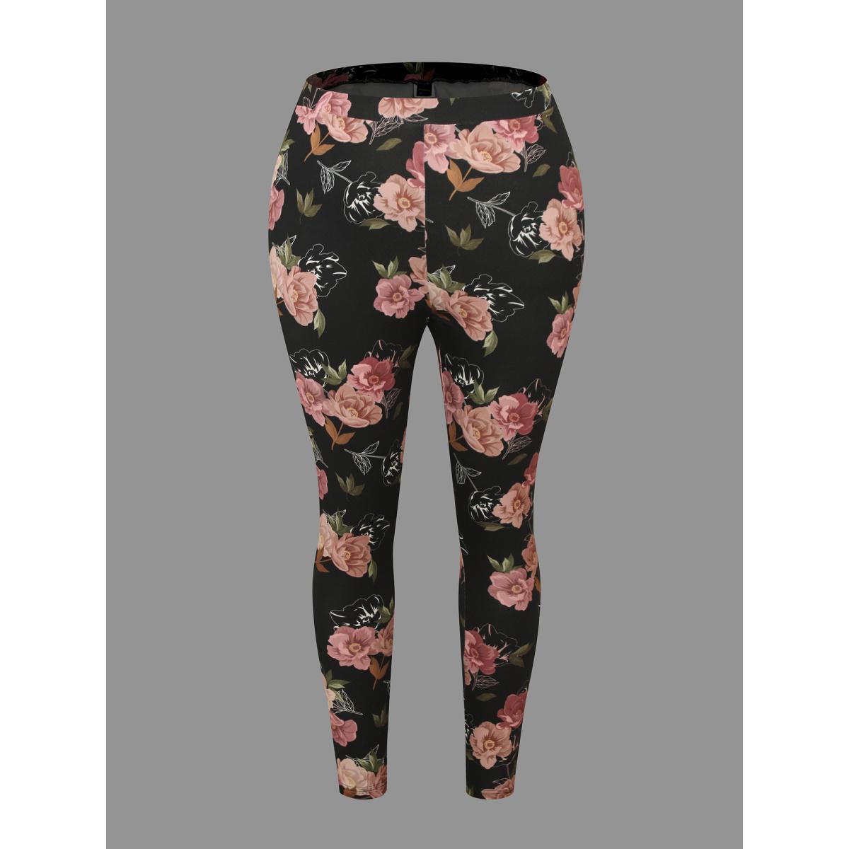 Plus Size Floral Mid Rise Skinny Leggings Women BlackFlower Elegant Medium stretch Skinny Mid Rise Everyday Leggings BloomChic 30/6X Product Image