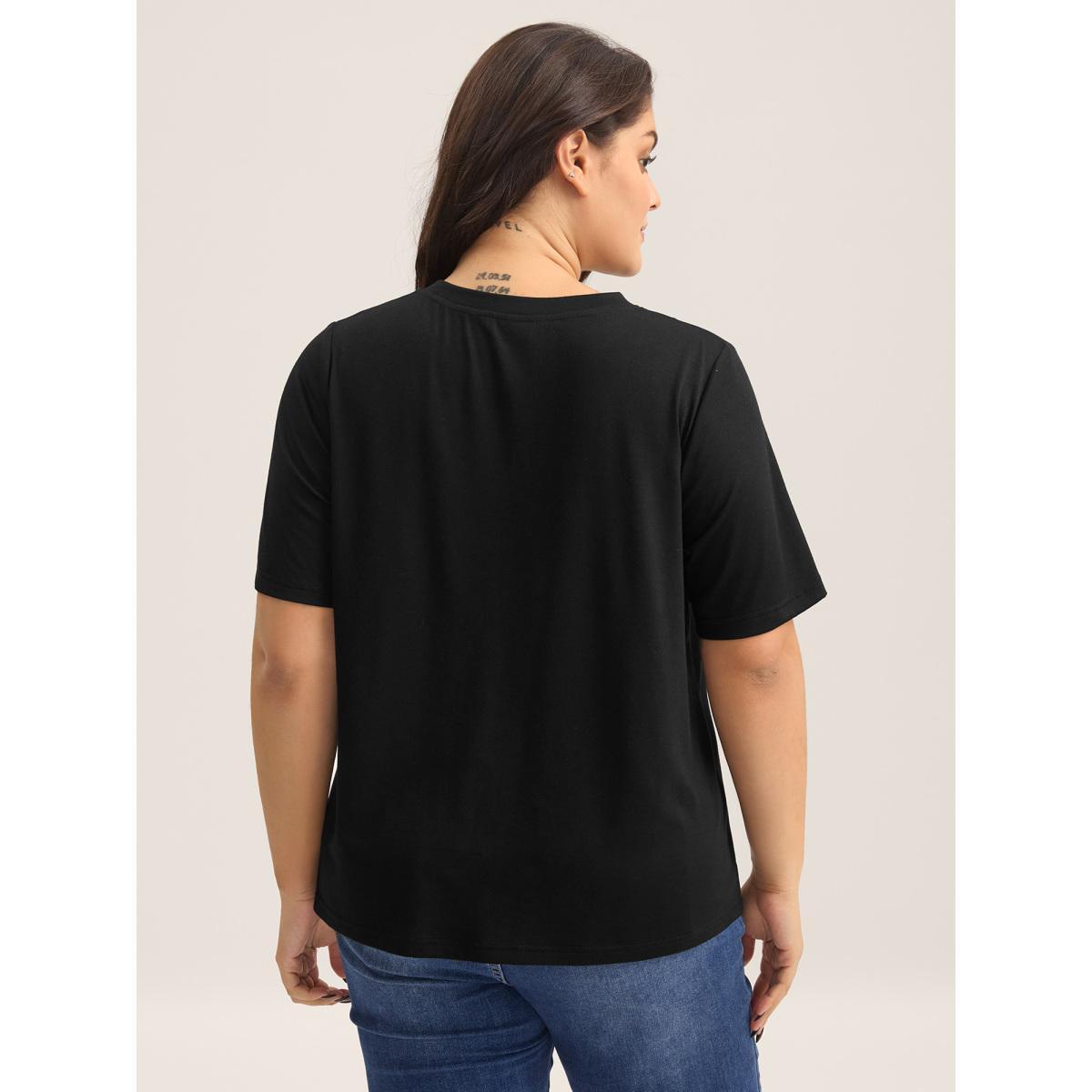 Plus Size Sheer Neck Solid Panel T-Shirt Black Women Woven ribbon&lace trim Round Neck Everyday-Casual T-shirts BloomChic 26/4X Product Image