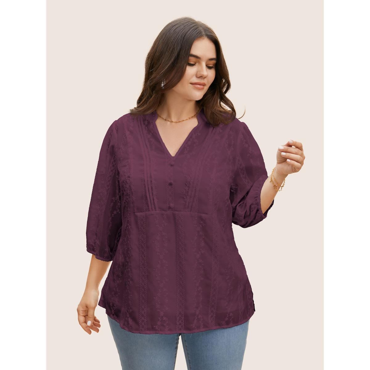 Plus Size Deeppurplered Texture Mesh Button Detail Tucked Seam Blouse Women Elegant Elbow-length sleeve V-neck Everyday Blouses BloomChic 12/L Product Image