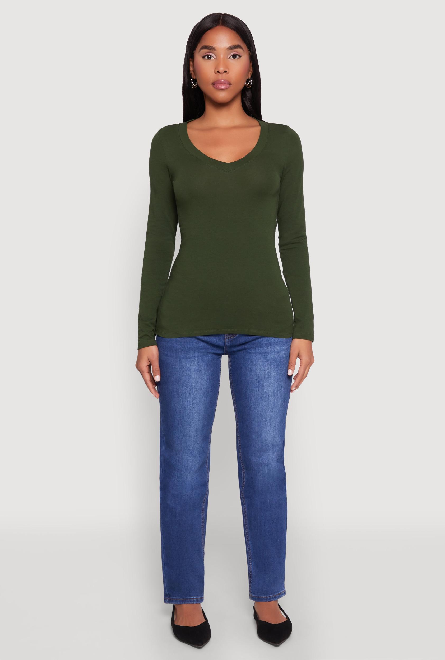 Womens Basic Long Sleeve V Neck Tee Product Image