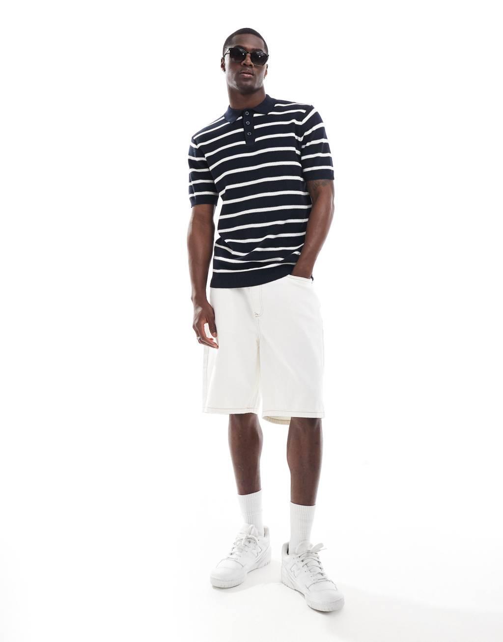 Brave Soul textured knit striped polo in navy Product Image