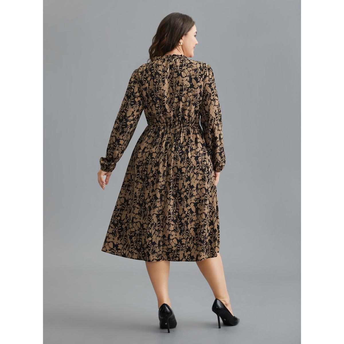 Plus Size Floral Mock Neck Ruffles Pleated Waist Dress Black Women Elegant Frill Trim Mock Neck Long Sleeve Curvy BloomChic 30/6X Product Image