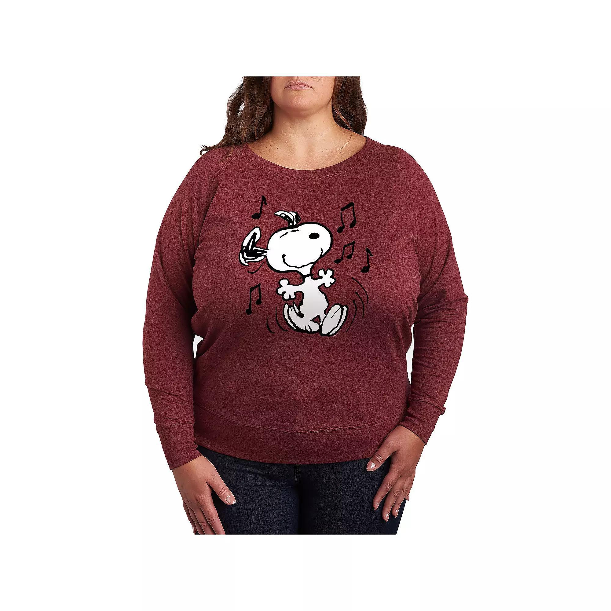 Plus Size Peanuts Snoopy Dancing French Terry Long Sleeve Tee, Womens Grey Dark Red Product Image
