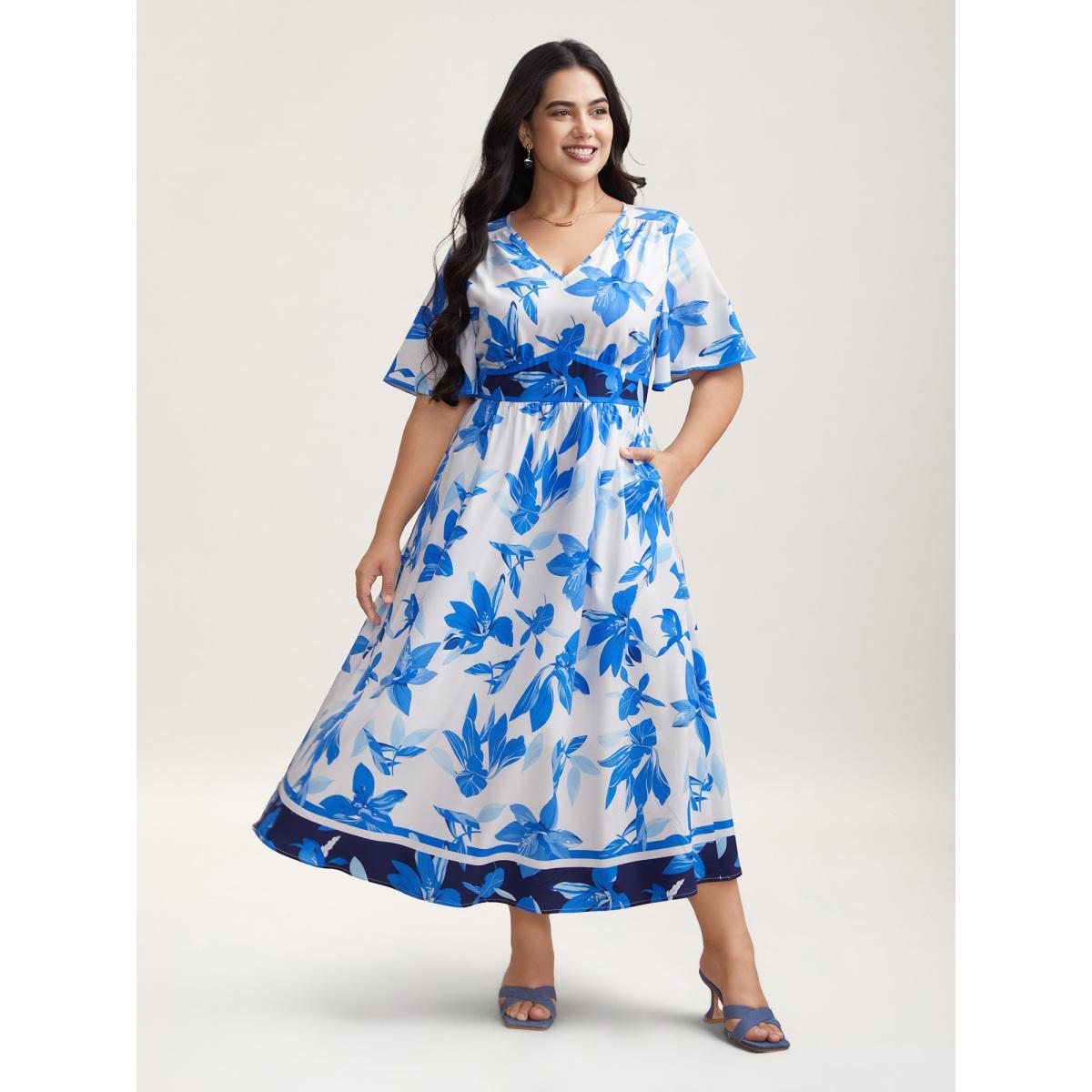 Plus Size Positioned Floral Waist-Cinched Midi Dress DarkBlue Women Elegant Gathered V-neck Half Sleeve Curvy BloomChic 26/4X Product Image