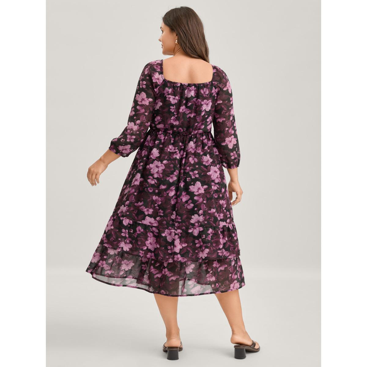 Plus Size Large Floral Print Shirred Waist Midi Dress Deeppurplered Women Shirred Heart neckline Elbow-length sleeve Curvy BloomChic 28/5X Product Image