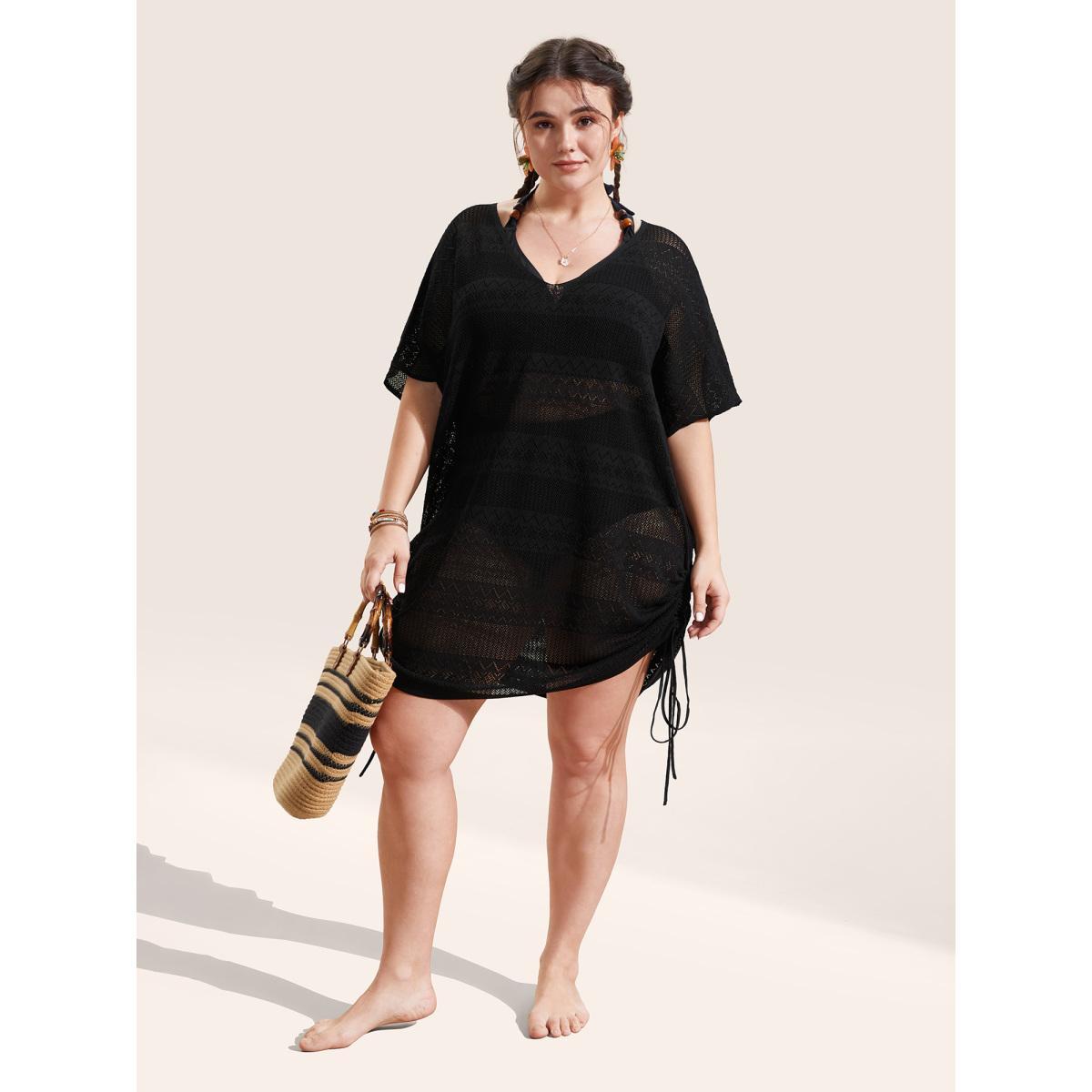 Plus Size Deep V Neck Cut Out Drawstring Swim Cover Up Women's Swimwear Black Beach Loose Cut-Out Curve Swim Cover Ups BloomChic 26/4X Product Image