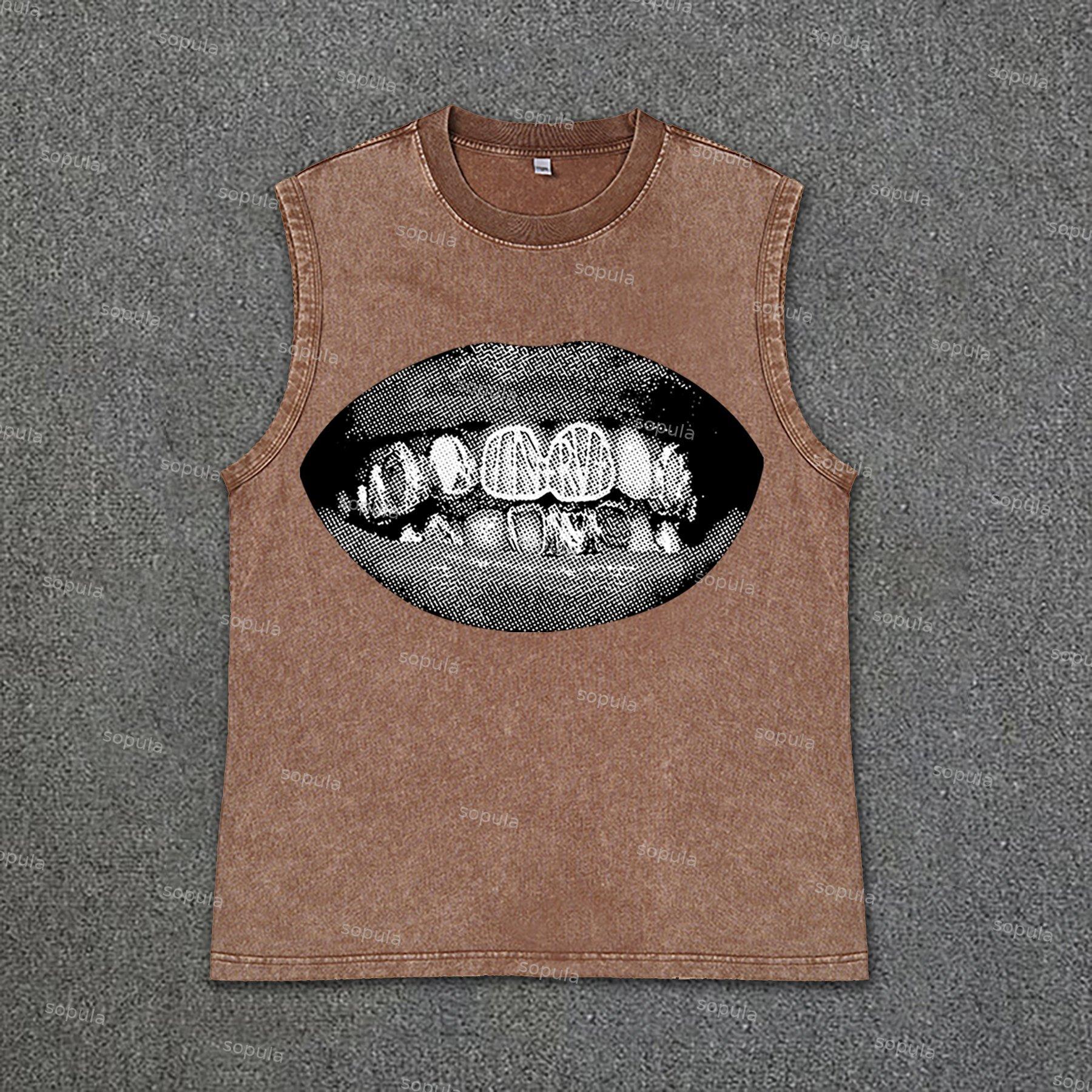 Sopula Men's Retro Casual Unisex Lip Print Vintage Wash Sleeveless Tank Top Product Image