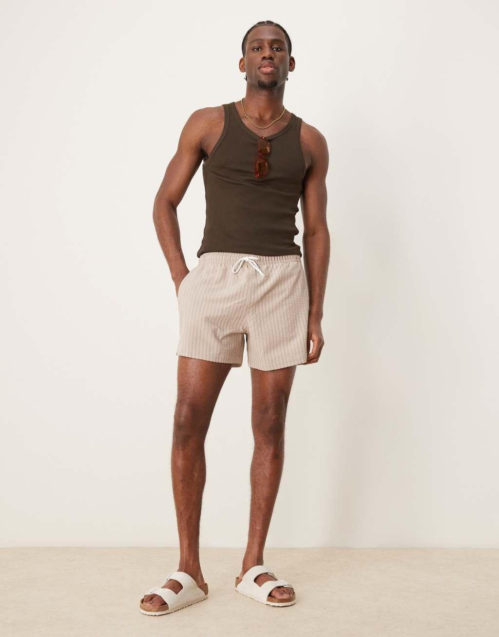 Abercrombie & Fitch stretch swim wear shorts in stone stripe Product Image