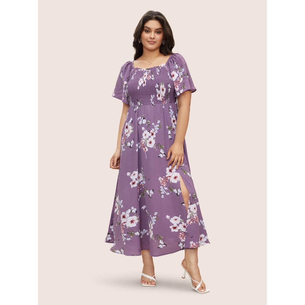 Plus Size Floral Square Neck Ruffles Pocket Shirred Split Dress Mauve Women Elegant Non Square Neck Short sleeve Curvy BloomChic 28/5X Product Image