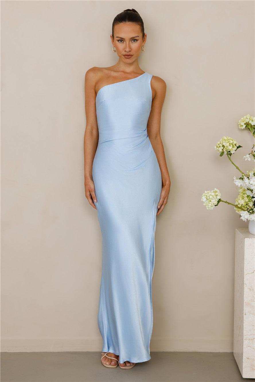 The Aurora One Shoulder Satin Maxi Dress Blue Product Image