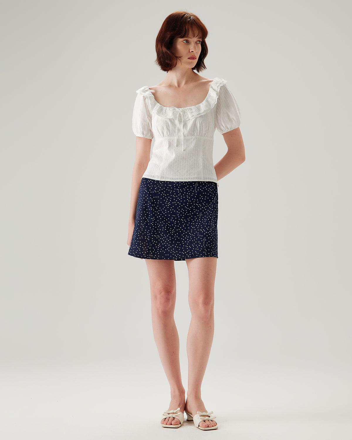 White Textured Scoop Neck Ruffle Blouse Product Image